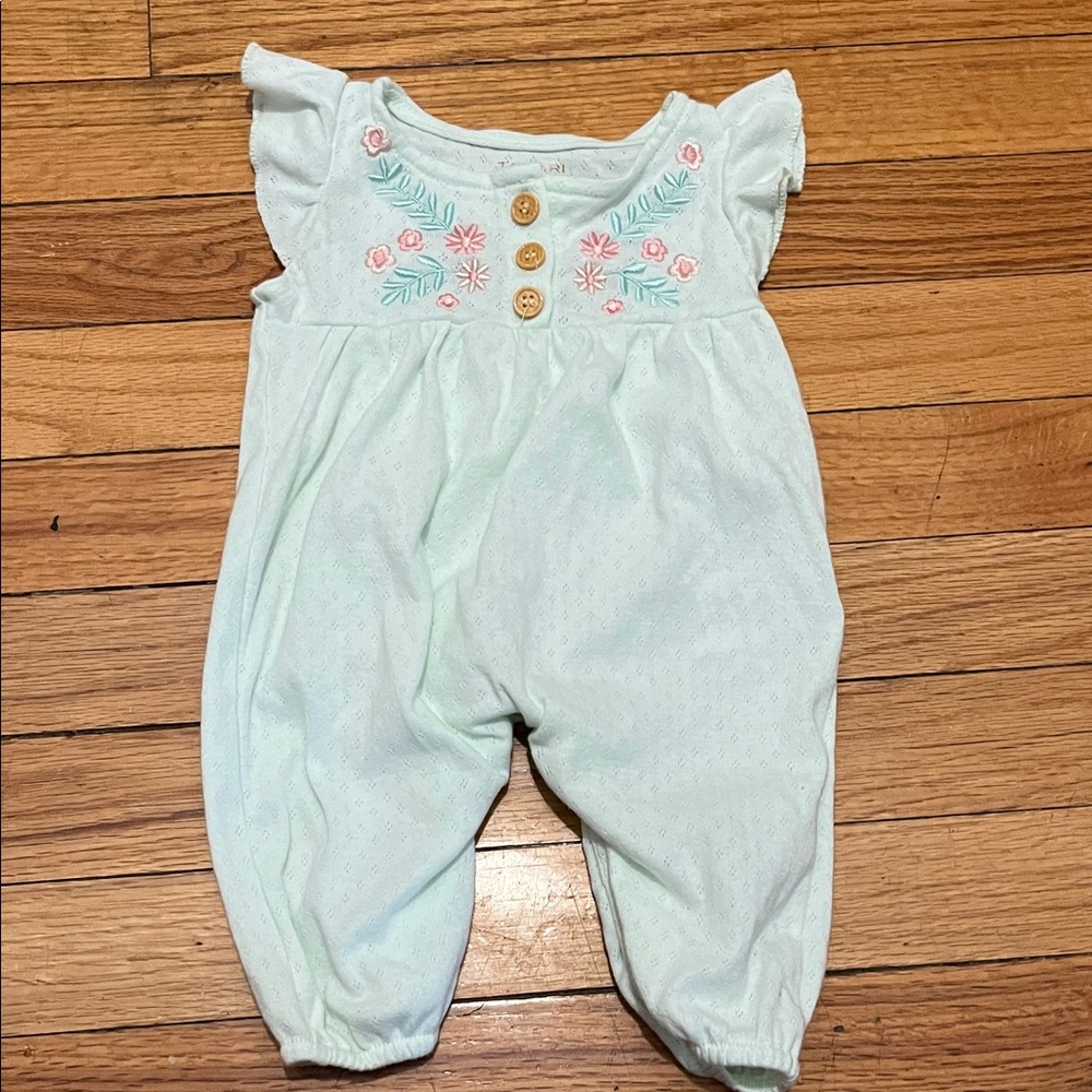 Tahari Light Green Floral Embroidered Romper